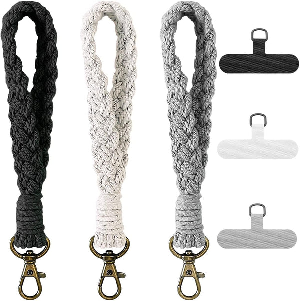 3 Pack Boho Macrame Phone Wrist Strap: Handmade Smartphone Lanyard Bracelet with 3 Pcs Tether Tabs for Women Men