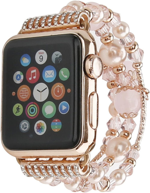 GEMEK Compatible Apple Watch Band 38/40/41mm, Rose Gold Women Pearl Bracelet Strap (Pink)
