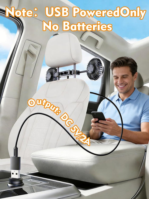 5V/2A 360 3 3.54"-5.9" USB Powered Backseat Car Fans for Kids & Baby - Dual-Head Cooling Car Fan with Independent