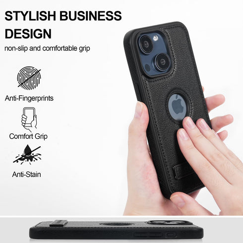 Leather Case for iPhone 14 Plus, Slim Protective with Kickstand, Built-in Invisible Stand, Black