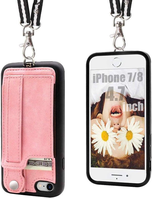 TOOVREN Pink Leather Wallet Case for iPhone SE/7/8, with Card Holder, Kickstand, Neck Strap, Adjustable Hand Strap,
