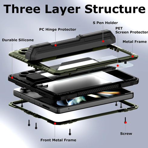 Rugged Heavy Duty Metal Case for Samsung Galaxy Z Fold 5 with Slim S Pen Holder, Full-Body Protection, Green