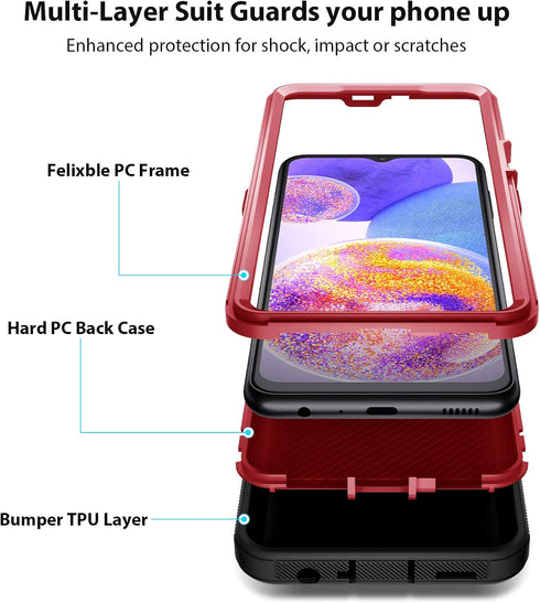 Jiunai Tough Rugged Case for Samsung A23 5G 2022, Shockproof Anti-Dust Dual Layer with Raised Edge - Black Red