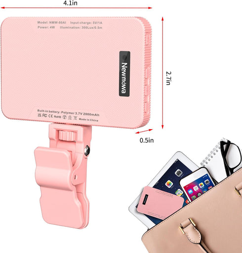 Newmowa 3 2000mAh Pink Rechargeable Selfie Light - Portable Clip-on Video Light for Phone/Laptop/Camera With Smart