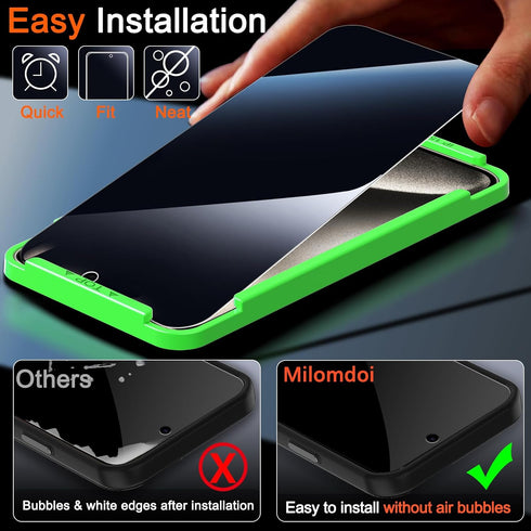 Milomdoi 4 Pack Privacy Screen Protector for iPhone 15 Pro Max, 9H Tempered Glass Camera Lens Protectors, Case Friendly.