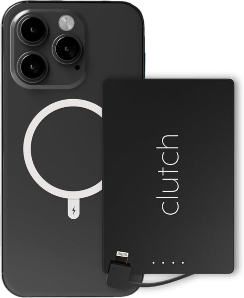 Clutch Pro Portable Charger for iPhone 14 or Older, Magnetic Battery, TSA Approved Travel Charger, Built-in Cable, Black