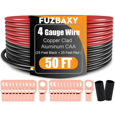 4 Gauge Wire (25 Feet Black + 25 Feet Red), Copper Clad Aluminum CCA, Primary Automotive Wire with 20PCS Lugs Terminal