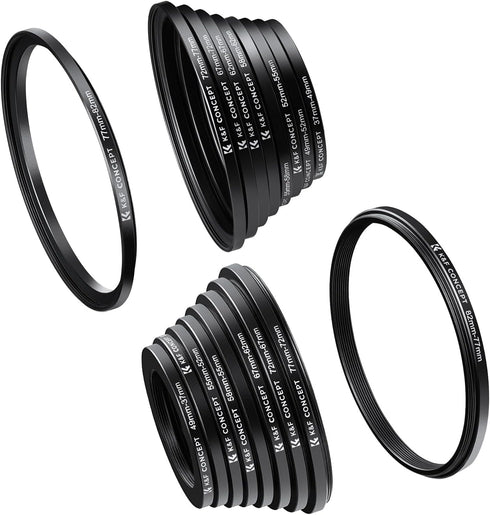 K&F Concept 18 Pieces Filter Ring Adapter Set, Camera Lens Filter Metal Stepping Rings Kit, Black