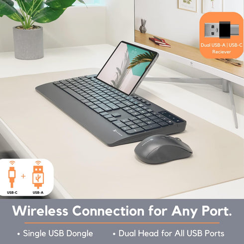 X9 Wireless USB-C Keyboard and Mouse Combo, Dual USB Port Compatibility, Versatile Wireless Set with 8" Phone Stand and
