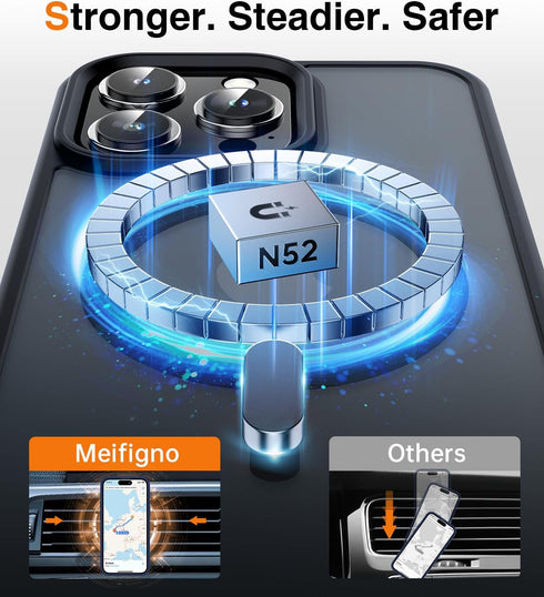 Meifigno Magic Mag Series iPhone 15 Pro Case, Black, Military Grade Protection, MagSafe Compatible, Translucent Matte