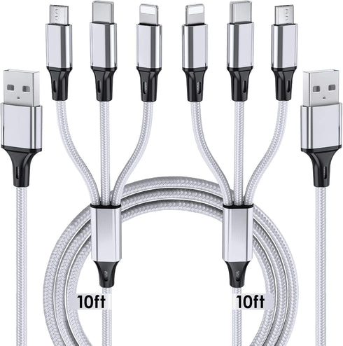 10ft 2-Pack Multi Charging Cable - Braided 3-in-1 USB Cable with USB C & Micro USB for Phones & More. Extra Long!