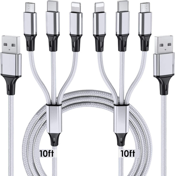 10ft 2-Pack Multi Charging Cable - Braided 3-in-1 USB Cable with USB C & Micro USB for Phones & More. Extra Long!