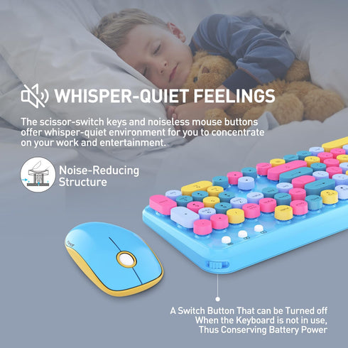 FOPETT 2.4GHz Wireless Keyboard and Mouse Set, Full-Size Keyboard Compatible for Windows/Laptop/PC - Blue Colorful
