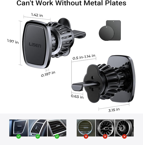 LISEN 2 Pack 6 Magnetic Phone Holder for Your Car - Military Magnets Vent Cell Phone Mount (Silver)