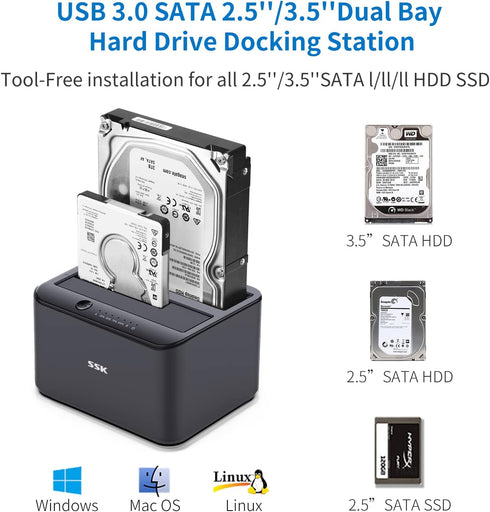 SSK 3.0 2.5 3.5 inch (2x20TB Aluminum Hard Drive Docking Station, USB to SATA Dual Bay External HDD Dock Caddy Reader