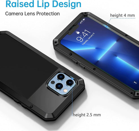 Lanhiem Metal Case for iPhone 13 Pro - Heavy Duty Shockproof Rugged Cover with Built-in Glass Screen Protector