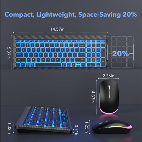 Wireless Keyboard and Mouse Backlit, Slim Portable Rechargeable Multi-Device Bluetooth Keyboard, RGB Silent Mouse for