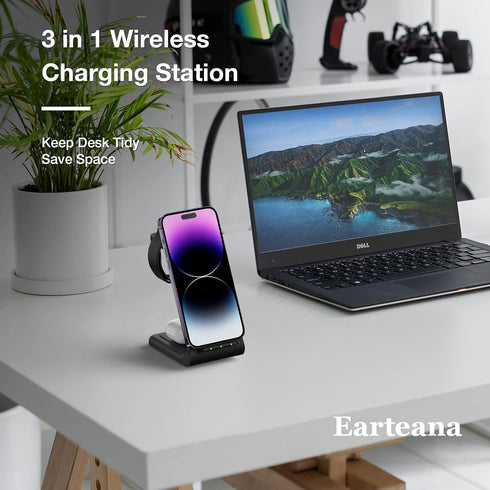 Earteana 3 in 1 Charger Station for iPhone, Fast Wireless Charging Dock for Apple Watch and Airpods, Dark Black