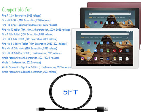 Fast Charger Fire HD 10 Tablet Cable Compatible for HD 8, Fire 7, Kindle (2019, 2020, 2021, 2022 Release, 9th, 10th, 11th, 12th Generation) Kids Pro Plus Gen Tablet USB C Charging Cord Adapter (5ft)