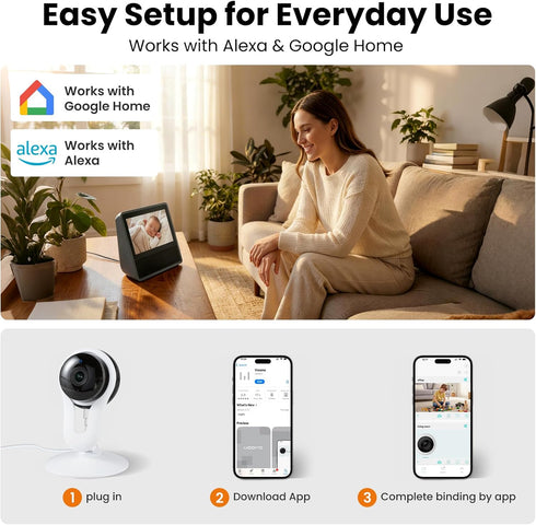 woomo 2K 2-Way Setup 2.4G Indoor Camera for Pet & Baby Monitoring, Clear View, Motion Alerts & Night Vision, Audio