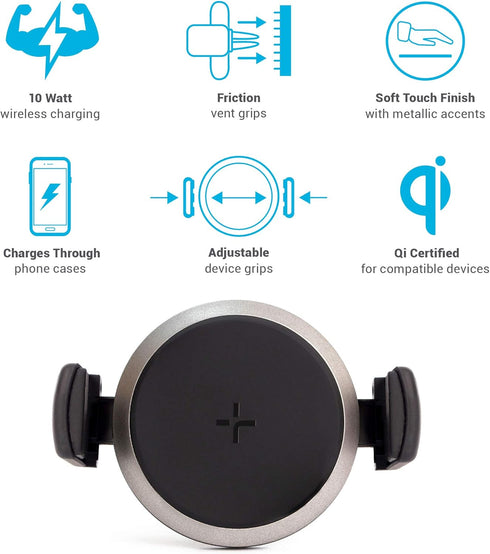 TYLT Venti Wireless Car Charger | 10W Qi-Certified Car Phone Holder Mount Charger for Apple, Samsung & Other QI Devices