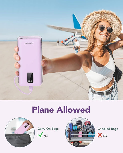 Charmast Portable Charger 10000mAh with Built-in Cables & Wall Plug, External Battery Pack for iPhone, Samsung, iPad