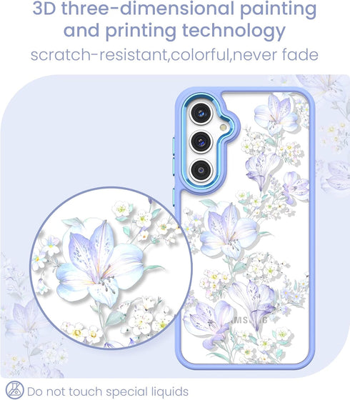 for Samsung Galaxy A35 5G Case - Girls Women Crystal Clear Flower Pattern Cover with Tempered Glass Screen Protector,
