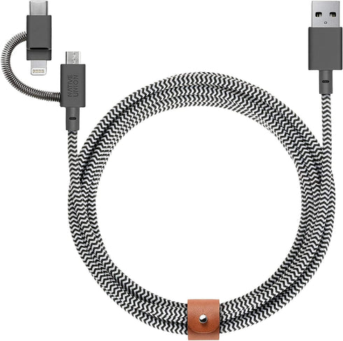 Native Union Belt Cable, 6.5ft Ultra-Strong Reinforced Charging Cable with 3-in-1 Adaptor for Lightning, USB-C,