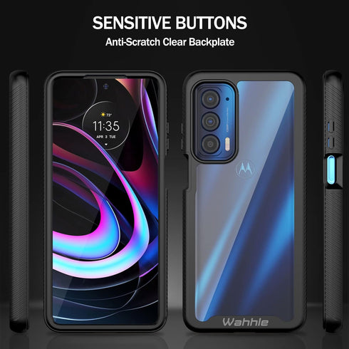 wahhle Motorola Edge 5G UW Case, Built-in Screen Protector, Full Body Shockproof Slim Fit Cover - Black/Clear