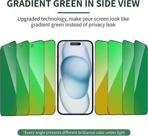 iPhone 15 Privacy Screen Protector 2 Pack - 6.1" Tempered Glass, Gradient Green, Anti-Spy, Anti-Blue Light, Bubble-Free.