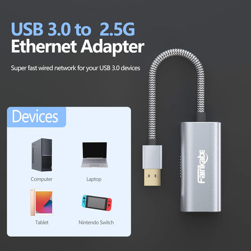 2.5G USB to Ethernet Adapter, USB 3.0 to RJ45 Gigabit LAN Adapter for Nintendo Switch, Xbox 360, Laptop, Mac