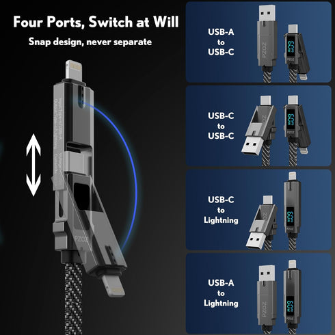 pzoz 4-in-1 USB C Fast Charging Cable - Multi USBC Charger Combo with LED Display for iPhone 16/15/14 Pro Max