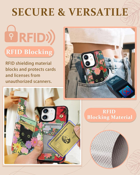 Shorogyt Wallet Case for iPhone 11, Designer Floral Cat Pattern Kickstand Magnetic Clasp Leather Phone Case