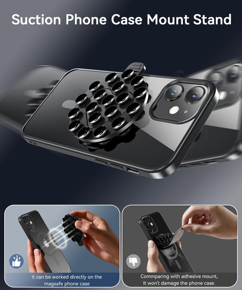 Fin2feel Magnetic Case for iPhone 11 Phone Case with Glass Screen Protector, with Suction Cup Phone Mount Stand for TikTok Videos Selfies, Sticky Silicone Hands-Free Mirror Shower Holder Mount Black
