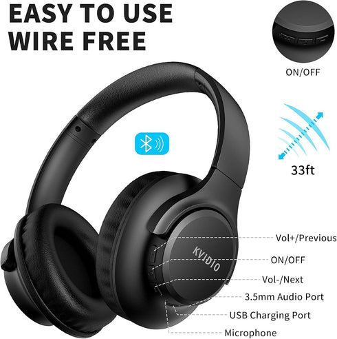 KVIDIO Updated Bluetooth Headphones Over Ear, 65 Hours Playtime Wireless with Microphone, Foldable Lightweight Headset