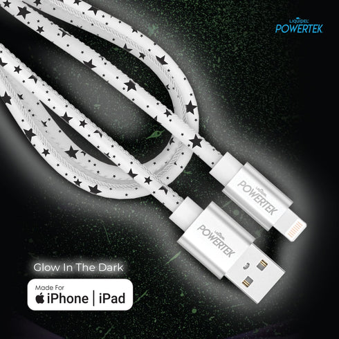 LIQUIPEL Powertek Glow MFi Certified 5ft Lightning to USB Charger for iPhone & iPad, Fast Charging Cable (White w/Stars)