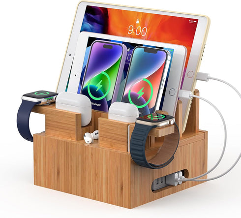 Pezin & Hulin Bamboo Charging Station Organizer for Multiple Devices, Desktop Docking Station with 5 Cables, NO Charger