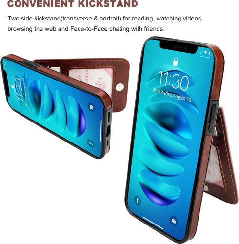 KIHUWEY Wallet Case for iPhone 14, Premium Leather with Credit Card Holder, Flip Magnetic Clasp, Brown