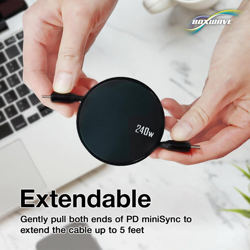 BoxWave MP3 W02 (240W), 240W Cable Compatible with Benjie Player - PD miniSync Retractable PD Portable USB Type-C Cable