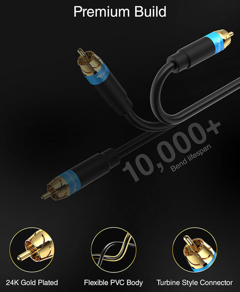 BlueRigger RCA Audio Subwoofer Cable (10FT, Dual Shielded with Gold Plated RCA to RCA Connectors) for Subwoofer,
