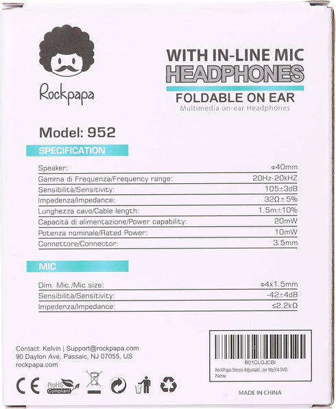 rockpapa 950 Wired Headphones for Kids with Microphone, On-Ear Foldable Corded Headphones with 3.5mm Jack