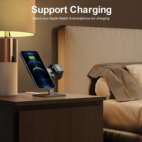 EWA 2 in 1 Magsafe Charger Stand, Aluminum Alloy Phone Holder for iPhone and Apple Watch (Black)
