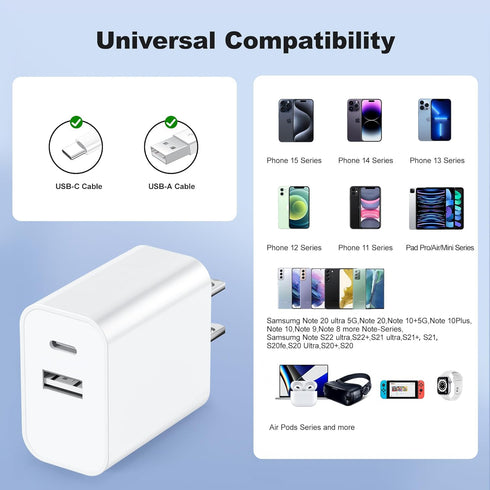 USB C Charger Block 10ft&6ft Compatible with iPhone Fast Charger, Upgrade 2Pack Wall Charger with 10ft Type C to A &