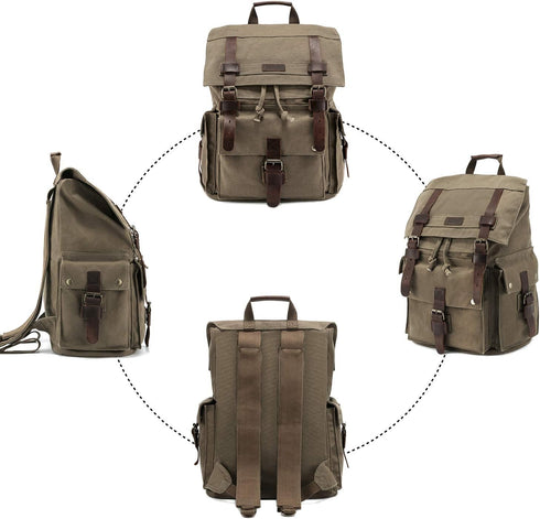 Kattee Men’s Large Leather Canvas Backpack, Army Green Travel Rucksack