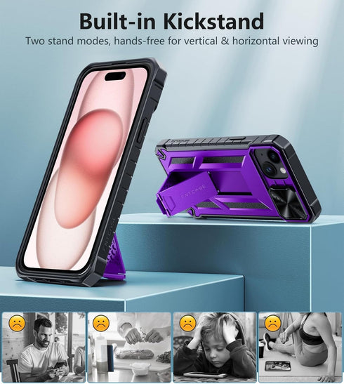 FNTCASE Heavy Duty Shockproof Cover for iPhone 15 Plus, Rugged Military Grade Protection with Kickstand, Purple