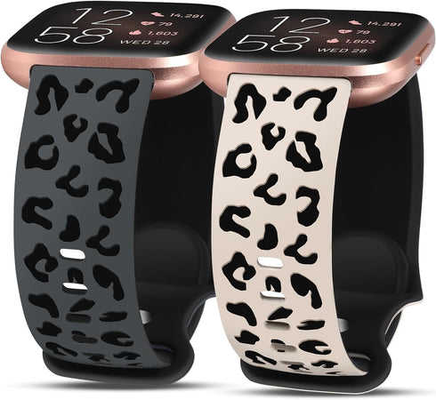 Minyee 2 Packs Leopard Engraved Band for Fitbit Versa 2/Versa/Versa Lite, Two-Tone Cheetah Soft Silicone Sport Strap