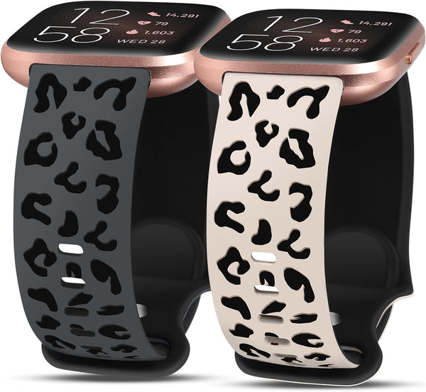 Minyee 2 Packs Leopard Engraved Band for Fitbit Versa 2/Versa/Versa Lite, Two-Tone Cheetah Soft Silicone Sport Strap