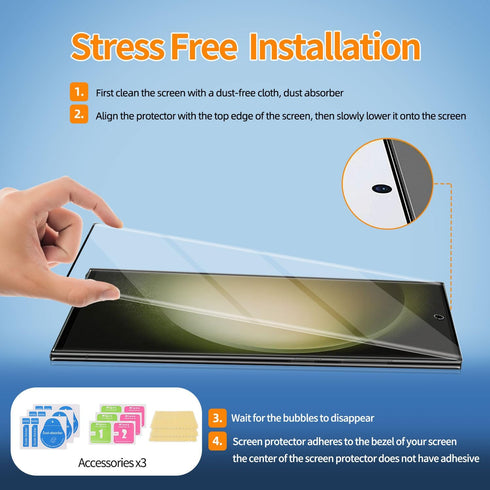 3 Pack Curved Tempered Glass Screen Protector for Samsung Galaxy S23 Ultra 5G 6.8inch, Support Fingerprint ID, HD Clear