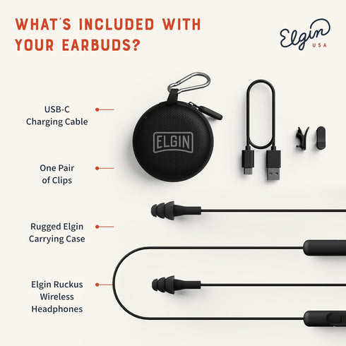 Elgin Ruckus Wireless Bluetooth Earplug Headphones, 25 dB Noise Reduction, 12 Hour Battery, IP65 Sweatproof, OSHA