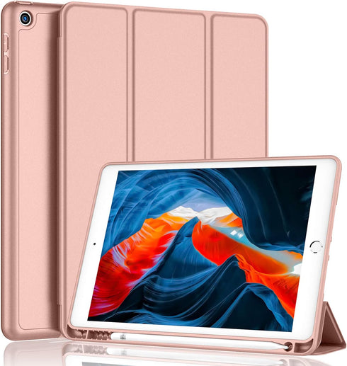 iPad 9th/8th Generation Case - 10.2 Inch with Pencil Holder, Soft Baby Skin Silicone Back, Auto Wake/Sleep Cover (Rose